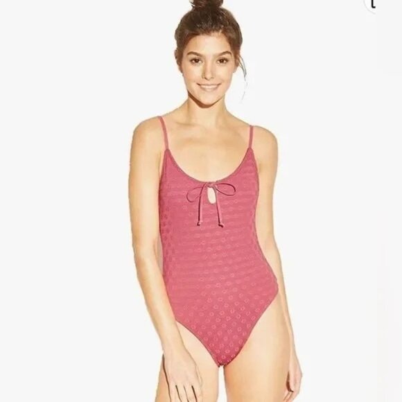 Xhilaration Womens Pink Floral Eyelet Lace One Piece Swimsuit Size Medium Boho - Picture 3 of 14